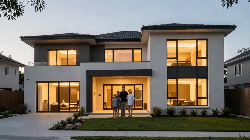 A modern family home at dusk